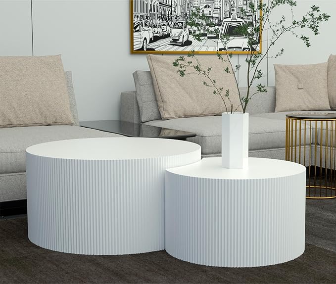 KEVINSPACE Coffee Table Set of 2 Modern, Living Room Nesting Table Round 2-Piece, No Assembly Required Wooden Circle End Table Set Accent Furniture for Bedroom Balcony Library,White