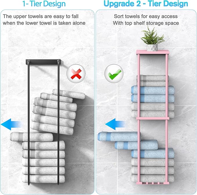 Towel Rack for Bathroom, Wall Mounted Vertical Rolled Towel Storage Organizer Holder with Shelf, Holds Up 6 Large Bath Sheets, Pink