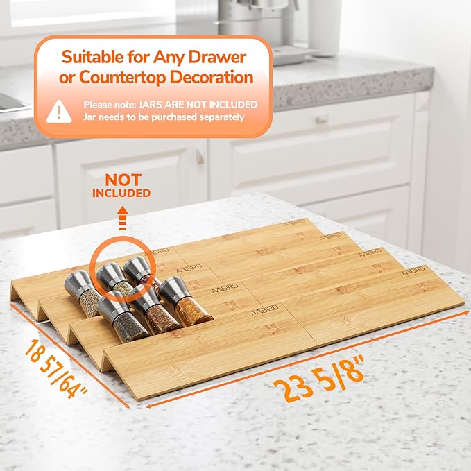 AMBIRD Bamboo Spice Drawer Organizer with Non-slip Mat,4 Tier - 2 Set Jar Spice Rack Tray From 12''to 24'',Hold up 48 Jars Seasoning Organizer for Kitchen,Cabinet,Drawers,Countertop-NeatNest