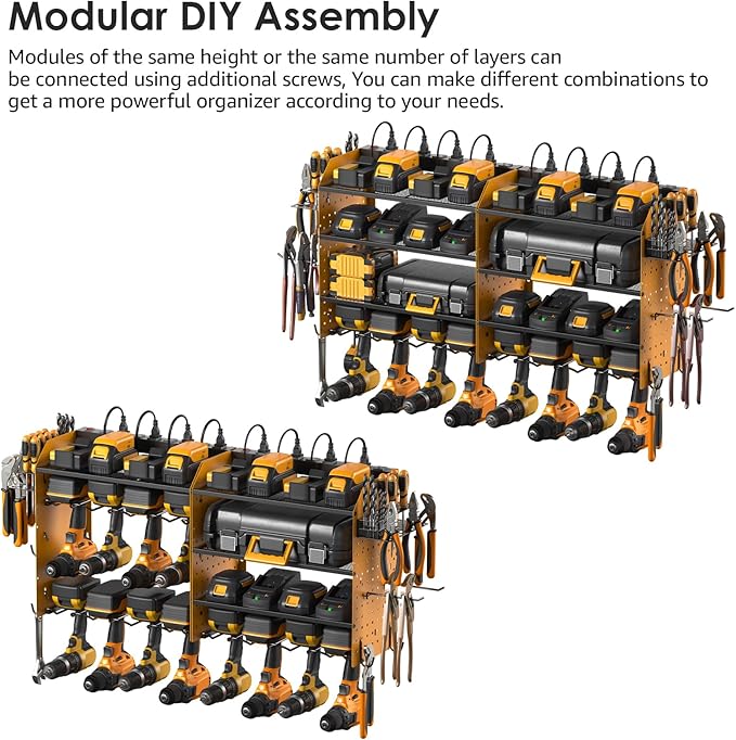 CCCEI Modular Pegboard Rack Power Tool Organizer with Charging Station. 4 Layer Wall Mount Drill Holder, Yellow Tool Battery Charger Organizer. Garage Shop Storage Utility Shelf with Power Strip.-NeatNest