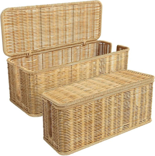 Cable Management Box,2 Pack Handwoven Imitation Rattan Cord Hider Organizer Box with Lid,2 Open Slots Cable Organizer Box for Tv Computer USB Hub to Hide Power Strips & Cords-Brown