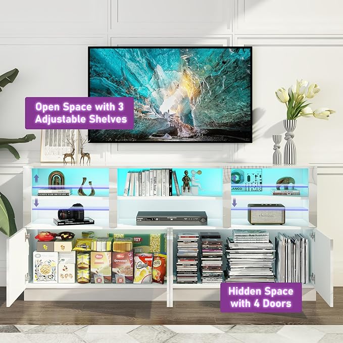 32'' Tall White TV Stand for 65/75/80/85 Inch TVs with RGB LED Lights,Modern High Gloss Entertainment Center Cabinet Stands with Storage Shelves and Doors,TV Media Console Table for Living Room-NeatNest