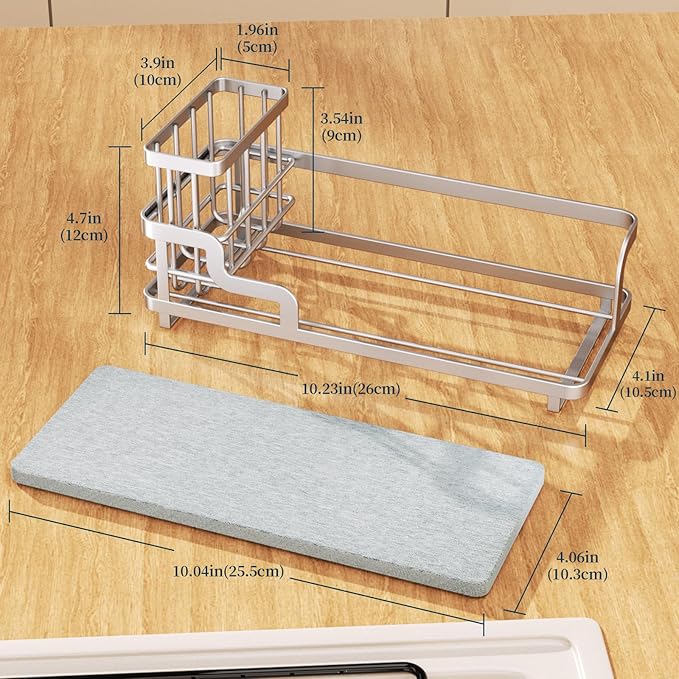 Consumest Sponge Holder for Kitchen Sink - Sink Caddy Organizer with Water Absorbing Stone Tray, Detachable Brush Holder, Stainless Steel Kitchen Counter Organizer Rack, Sand Nickel-NeatNest