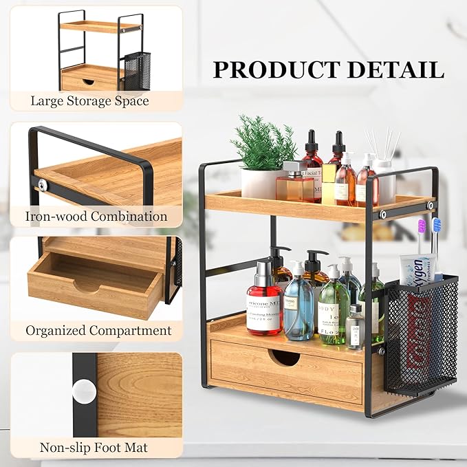 LEMIKKLE 2-Tier Bathroom Organizer with Drawers and Baskets, Multi-Purpose Makeup Organizer Countertop, Large Skincare Organizers, Exquisite Vanity Organizer,Wood-NeatNest