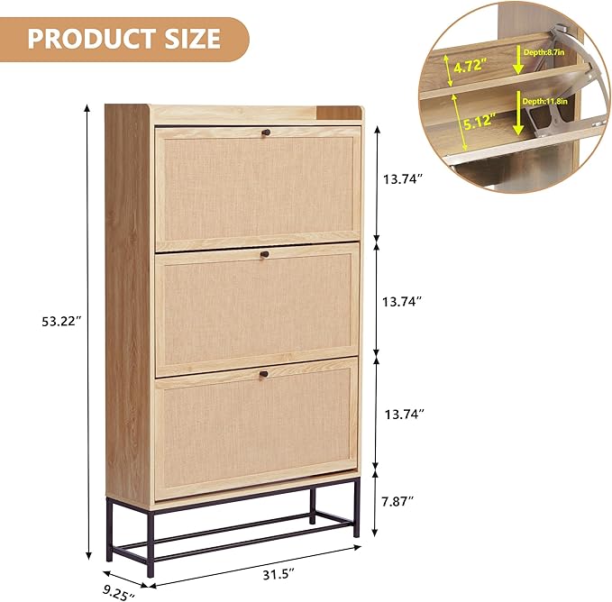 LEVNARY Shoe Storage Cabinet with 3 Flip Drawers, Freestanding Shoe Cabinet Storage Organizer for Entryway, Wooden Narrow Shoe Racks Cabinet with Metal Legs for Hallway (Natural Oak)-NeatNest