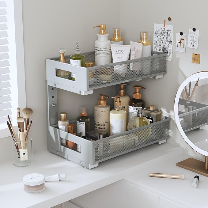 2-Pack Under Sink Organizers And Storage,Large Capacity 2-Tier Pull-Out Cabinet Organizer With Upgraded Tube Rails,Adjustable Height Sliding Drawers,Sturdy Mesh Shelves For Kitchen&Bathroom-Grey-NeatNest