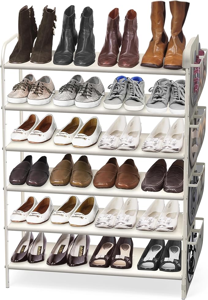 Simple Houseware 6-Tier Shoe Rack Storage Organizer w/Side Hanging Bag, White-NeatNest