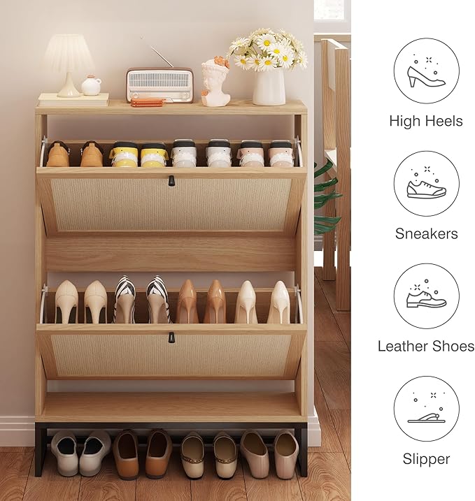 AVZEAR Shoe Cabinet with 2 Flip Drawer Door, Freestanding Shoe Organizer, Shoe Cabinet Storage for Entryway, Shoe Storage Shoe Rack for Closet with Linen Doors Drawer in Hallway, Living Room (Natural)-NeatNest