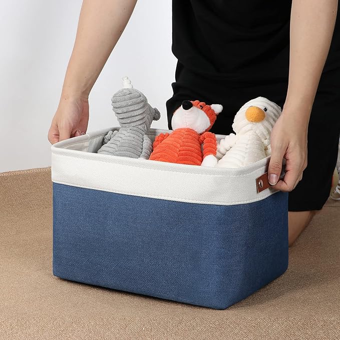 DULLEMELO Fabric Storage Basket for Closets,15x11x9.5 inch Foldable Storage Basket Bin with Handles for Office, Closet,Bedroom (White&Blue,1 Pack)-NeatNest