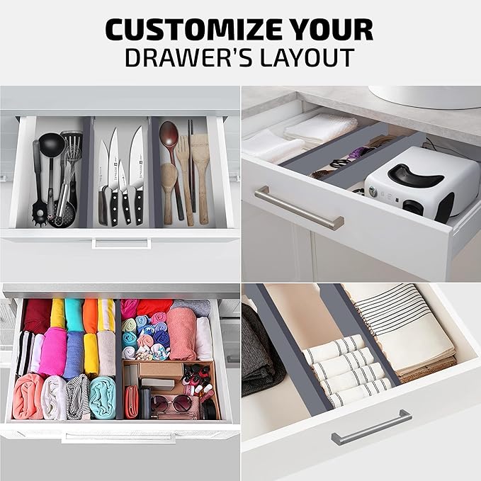 4 Pack Drawer Dividers Bamboo 2.6" High, 16-22" Adjustable Drawer Organizers for Clothes, Expandable Dresser Separators in Bedroom/Bathroom/Kitchen/Office Organization and Storage (Grey)-NeatNest