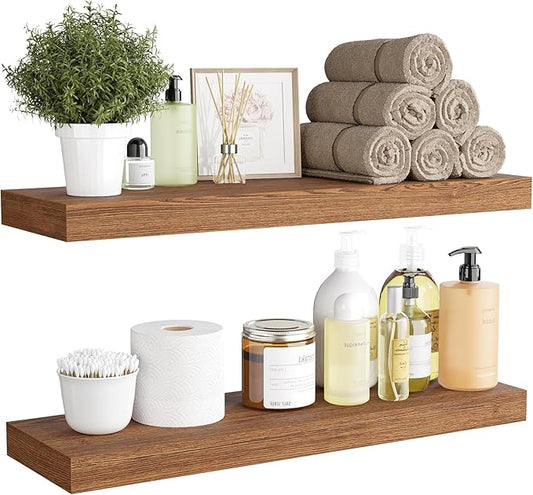 BAMEOS 24x6 Wall Shelf, 2-Shelf Modern Oak Floating Shelf Set for Bedroom, Bathroom, Kitchen Storage-NeatNest