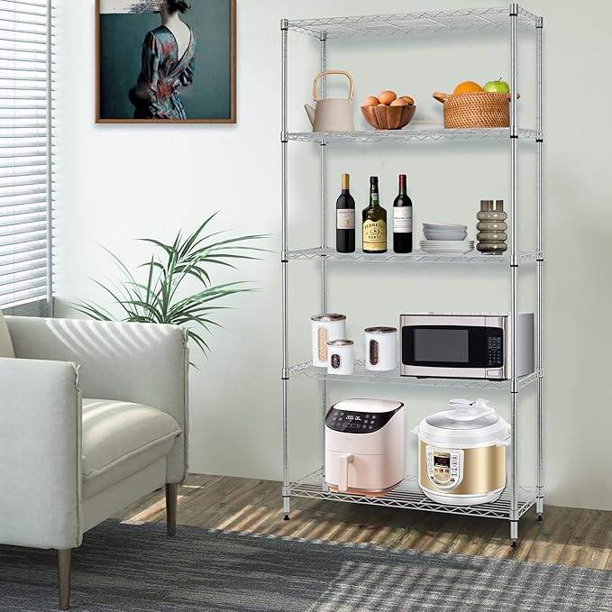 BestOffice 14Dx30Wx60H 5-Tier Wire Shelving Unit Steel Large Metal Shelf Organizer Garage Storage Heavy Duty NSF Height Adjustable Commercial Utility Storage Metal Rack on Wheels,Chrome-NeatNest