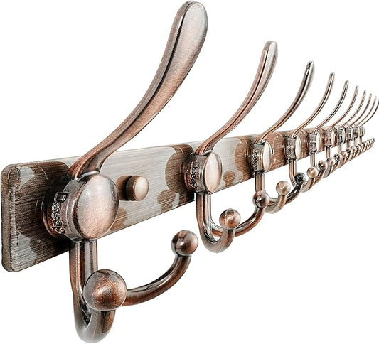 Dseap MaxStrong 2.0 Coat Rack Wall - 37” Long 10 Tri Hooks - Ultra Heavy-Duty Stainless Steel Wall Mount Coat Hanger, Hook Rail for Clothes Hats Jacket Towels Antique Copper