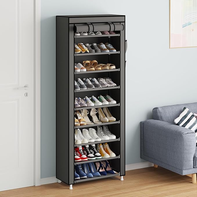 Calmootey 9 Tier Shoe Rack Organizer,Portable Shoe Shelf with Nonwoven Fabric Cover for Closet Hallway,Bedroom,Entryway,Grey-NeatNest