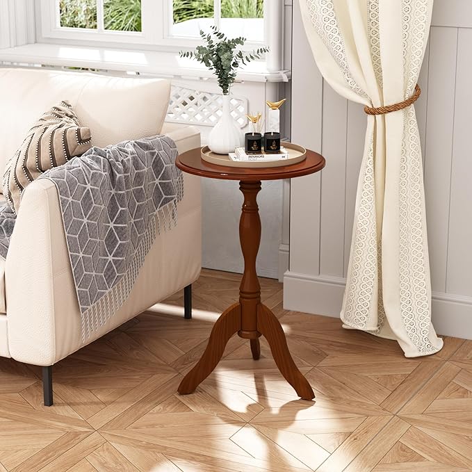 HLR Round Small End Table, Wooden Pedestal Side Coffee Tables, Vintage Accent Nightstand for Living Room, Bedroom, Entryway (1, Walnut)