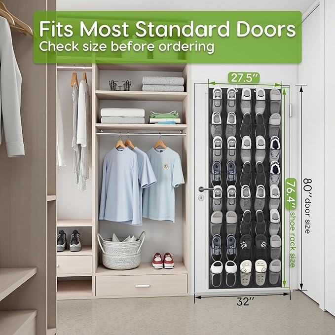 Unjumbly Over the Door Shoe Organizer with 40 Large Breathable Mesh Pockets, Space Saving Shoe Holder, Hanging Shoe Rack for Entryway Bedroom Closet Storage (Black, 40 Pockets)-NeatNest