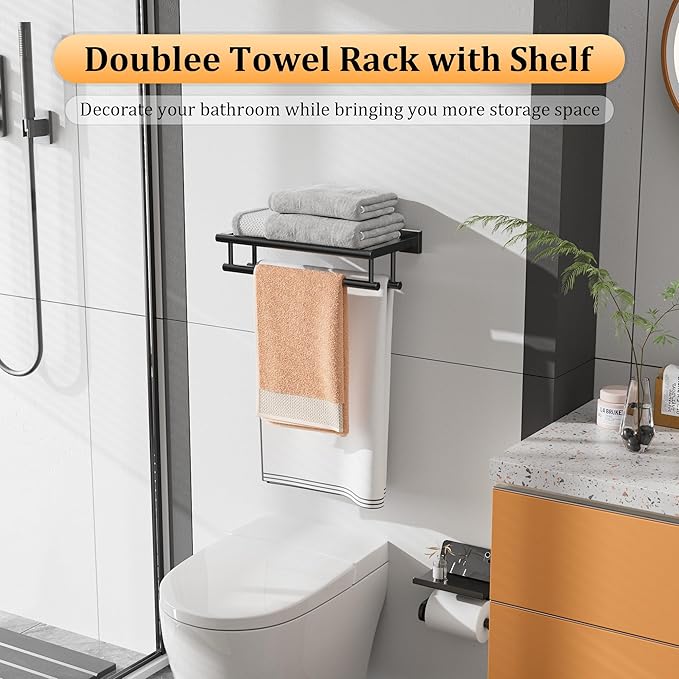 Alise Towel Rack,Large Towel Holder Towel Shelf with Double Towel Bars for Bathroom Lavatory,16-Inch SUS 304 Stainless Steel Wall Mount Towel Hanger,Matte Black