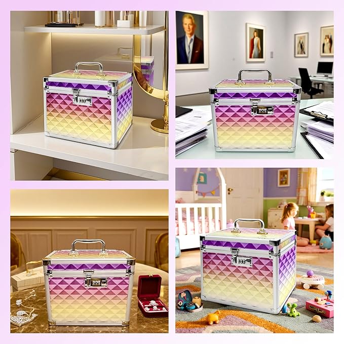 Medication Combination Lock Boxes with Code for Personal Items, Rainbow Medicine Lockbox for Documents 10 x 7.25 x 7.75 Inches Plaid Gold Purple
