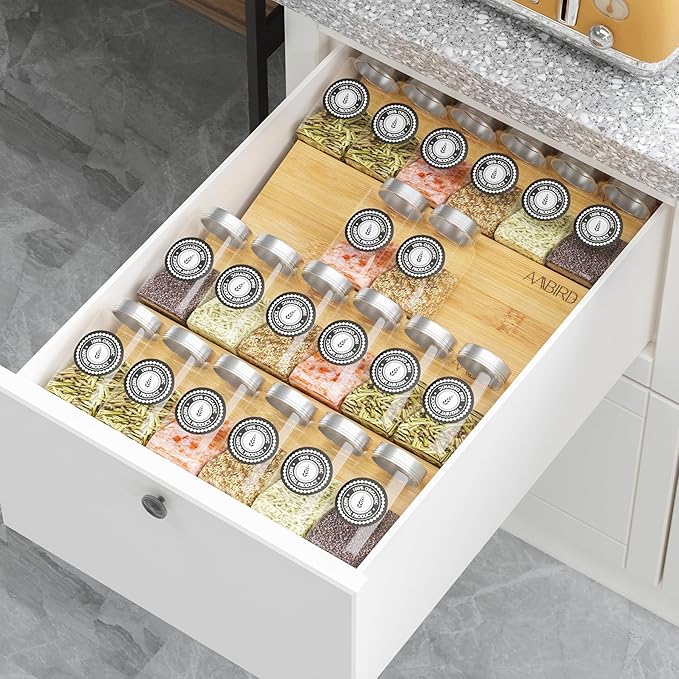 AMBIRD Bamboo Spice Drawer Organizer with Non-slip Mat,4 Tier Jar Spice Rack Tray 9.5'',Seasoning Organizer for Kitchen,Cabinet,Drawers,Countertop-NeatNest
