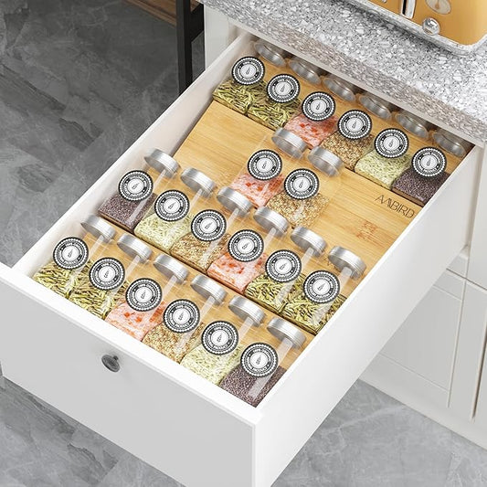 AMBIRD Bamboo Spice Drawer Organizer with Non-slip Mat,4 Tier Jar Spice Rack Tray 9.5'',Seasoning Organizer for Kitchen,Cabinet,Drawers,Countertop-NeatNest