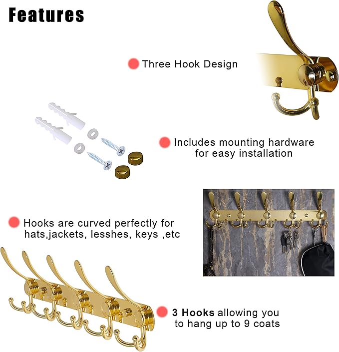 Dseap Coat Rack Wall Mounted - 5 Tri Hooks, Heavy Duty, Stainless Steel, Metal Coat Hook Rail for Coat Hat Towel Purse Robes Mudroom Bathroom Entryway,Gold-NeatNest