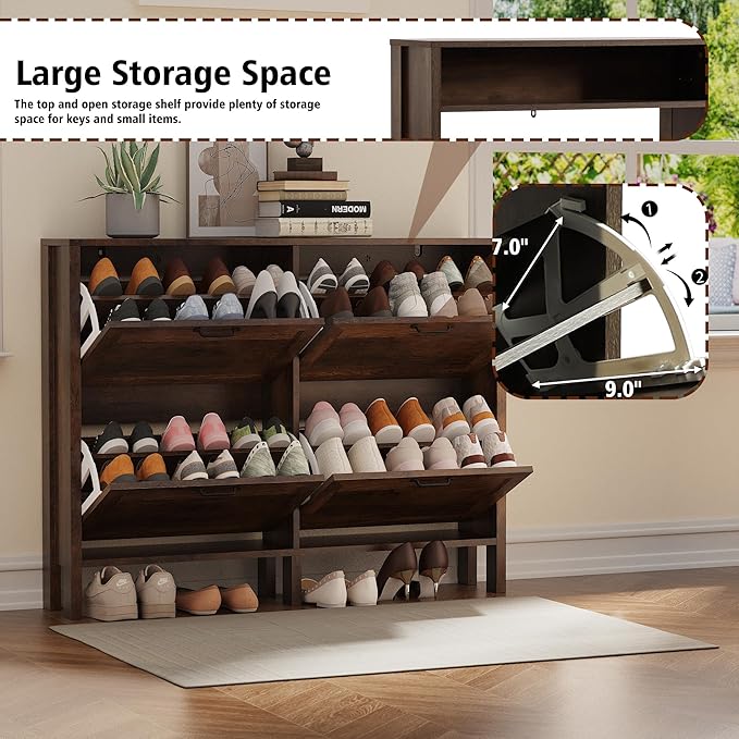 Shoe Storage Cabinet with 4 Flip Drawers, Wooden Shoe Rack with Metal Handle, Freestanding Hidden Shoe Storage Organizer with Open Shelf, Narrow Shoe Rack for Entryway, Hallway (Brown)