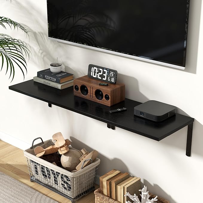 Fun Memories Floating Shelves for Wall, 12 Inch Deep Floating Shelves Set of 2, Wall Mounted Shelf with Metal Brackets, Rustic Wood Wide Shelf for Bathroom, Kitchen and Living Room, Black, 24W x 12D-NeatNest