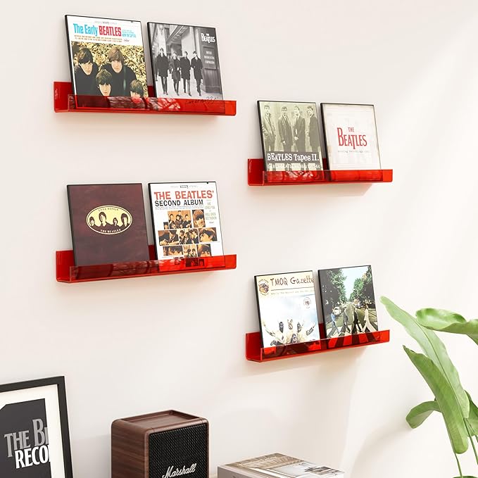 4 Pack Acrylic Shelves for Wall Storage,15" Floating Bookshelves for Kids, Display Shelf for Bathroom, Bedroom,Decor, Red