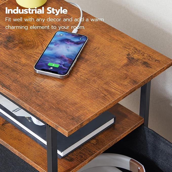 HOOBRO Narrow Side Table with LED Light and USB C Port, Night Stand with Charging Station, Skinny End Table with 2 Fabric Drawers, for Bedroom, Living Room, Rustic Brown and Black BF486UDBZ01