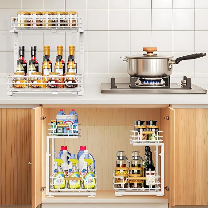 JYPS 2 Pack Under Sink Organizer, 2 Tier Pull Out Under Kitchen Bathroom Sink Organizer and Storage, Metal Sliding Drawer for Cabinet Pantry Undersink Organizers Shelf-NeatNest
