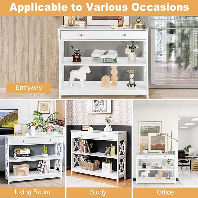 GOFLAME 39" Console Sofa Table with Drawers, 3-Tier Narrow Entry Table with Storage Shelves for Living Room Behind Couch, Entryway, Hallway (White)-NeatNest