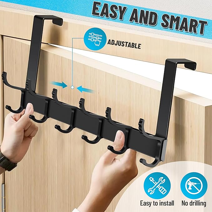 Door Coat Hanger Adjustable Over The Door Hanger-6 Double Hooks, Over Door Coat Hooks, Door Clothes Hanger Suitable for Clothes, Hats, Keys, Towel, Over The Door Hooks