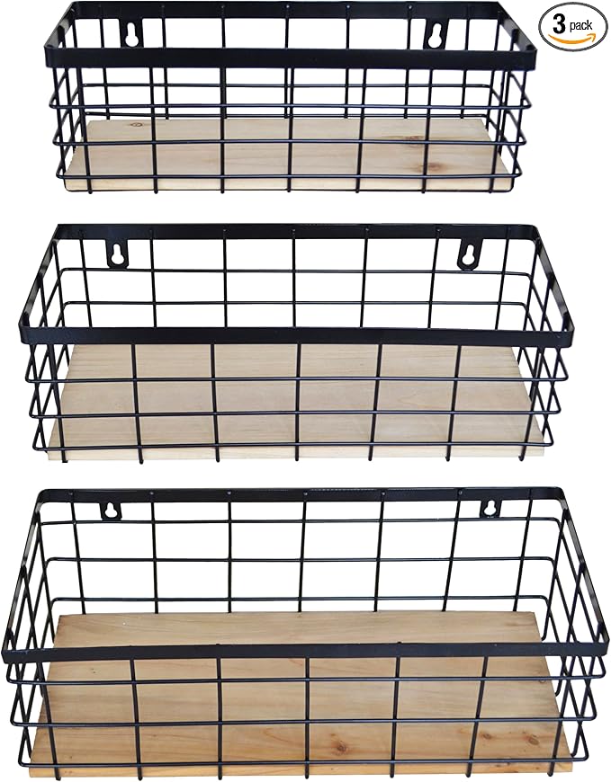 Metal Wire Basket Detachable Wood Base Storage Organizer Farmhouse Bin for Kitchen Cabinets, Bathroom, Pantry, Laundry Room, Closets Set of 3,Black Color