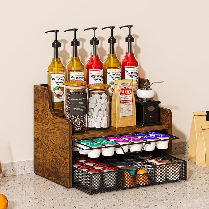 Coffee Pod Holder with Drawer & Dividers, 4-Tier Wood K Cup Organizer for Countertop, Coffee Bar Organizer Storage Box, Coffee Station Organizer for Kitchen Coffee Station-NeatNest