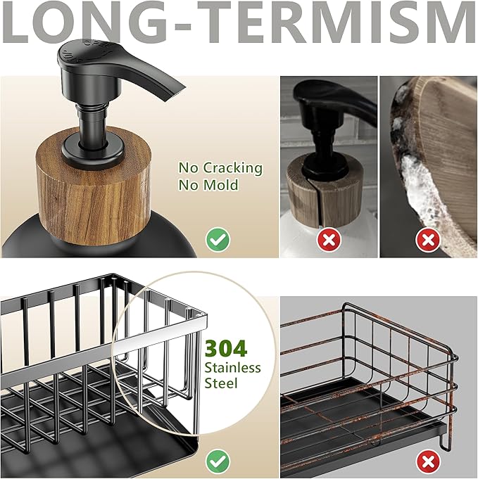 Cisily Kitchen Dish Soap Dispenser Set with 2 Pack Black Glass, Soap Dispensers with Adjustable Black Sink Caddy, Vintage Kitchen Soap Dispenser Set, Hand and Dish Soap Dispensers Set-NeatNest