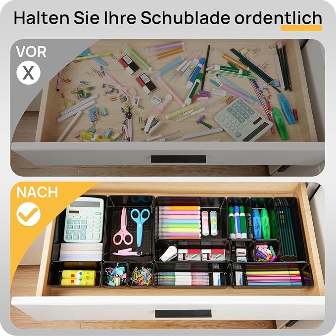 Vtopmart 25 PCS Office Desk Drawer Organizers Set, 4-Size Versatile Plastic Drawer Organizer Trays, Storage Bins for Desk Accessories Office Organizers and Storage, Bathroom, Makeup, Vanity, Black-NeatNest