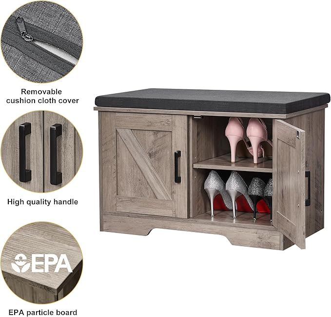2-Tier Storage Bench, Shoe Bench with Padded Seat Cushion, Entryway Bench with 2 Barn Doors, Adjustable Shelf, 13.8" D x 27.6" W x 17.7" H, for Entryway, Living Room, Bedroom, Greige-NeatNest