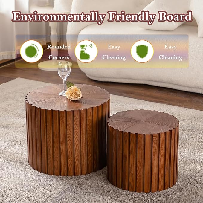 Handcraft Round Nesting Coffee Table - Chic Wave Stripe Edge, Modern Stylish Walnut Wooden Circle Fluted Center Table for Living Room (18.9in+15in)