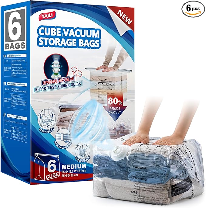 TAILI Travel Vacuum Storage Bags, Medium Cube (25x19x11 inch), 6 Pack Vacuum Seal Bags for Clothing, Compression Packing for Clothes, Blankets, Baby Clothes, No Pump Needed, Travel Essential-NeatNest