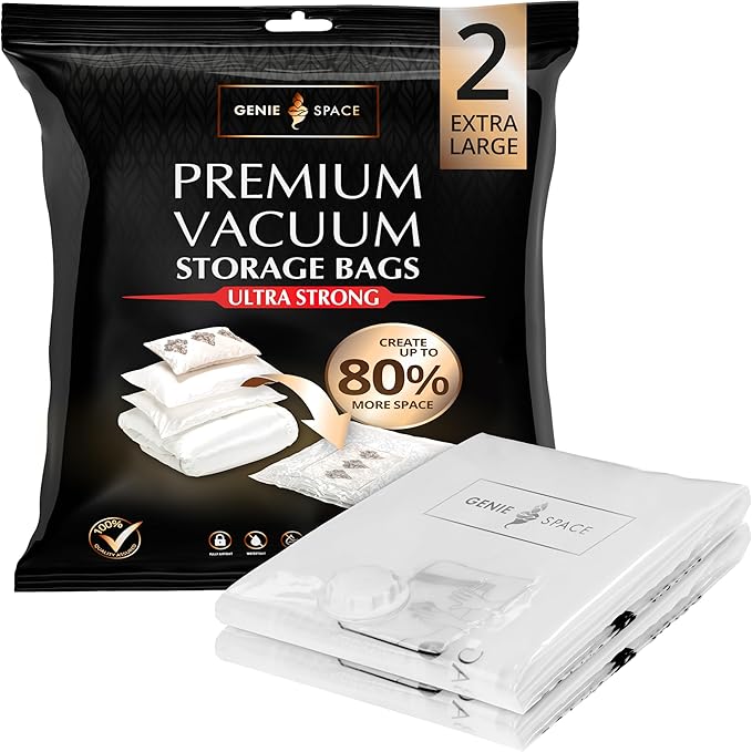 GENIE SPACE XL Vacuum Storage Bags - Pack of 2, Extra Large 40x30in | Strong & Jumbo Sized Space Saving Bags | Premium Airtight & Reusable Vacuum Bag for Thick Clothes, Duvets, Towels & Bedding-NeatNest
