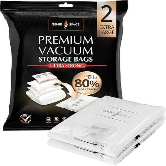 GENIE SPACE XL Vacuum Storage Bags - Pack of 2, Extra Large 40x30in | Strong & Jumbo Sized Space Saving Bags | Premium Airtight & Reusable Vacuum Bag for Thick Clothes, Duvets, Towels & Bedding-NeatNest