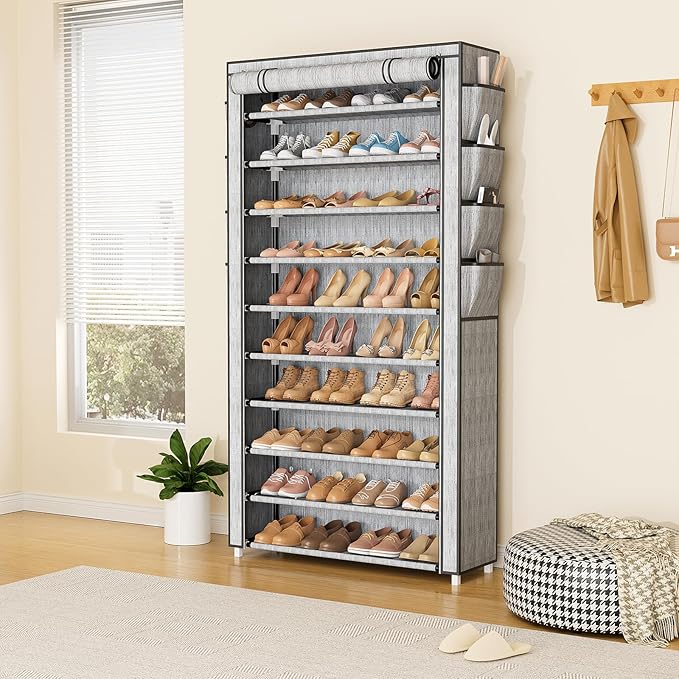 VTRIN Tall Shoe Rack with Cover, 10 Tier Shoe Organizer Storage for 50-55 Pairs Shoes and Boots Large Capacity Shoe Shelf with 8 Pockets Free Standing Shoe Rack for Closet, Entryway, Garage, Printing-NeatNest