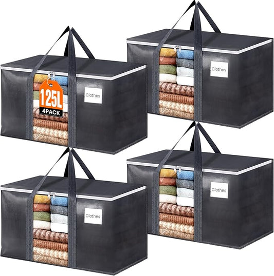 HomeHacks 4 Pack Extra Large Moving Bags with Visual PVC Window & Zippers, Storage Totes with Reinforced Handles, Heavy Duty Storage Bags for Packing, Moving, Storage (125L,Grey)