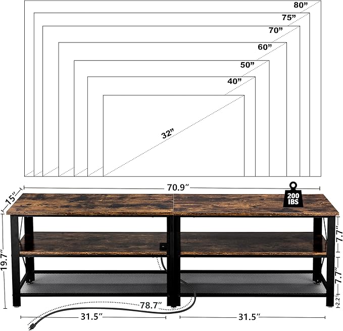 Clikuutory Modern Brown 71 inch Metal TV Stand with LED Lights and Power Outlets for 50 60 65 70 75 80 Inch TVs, 3 Tier Television Stands with Entertainment Center and Storage for Living Room, Bedroom-NeatNest