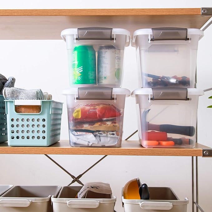 Citylife 4 Packs 6 QT Storage Bins with Lids Clear Plastic Bins with Grey Handle Stackable Storage Containers for Organizing-NeatNest