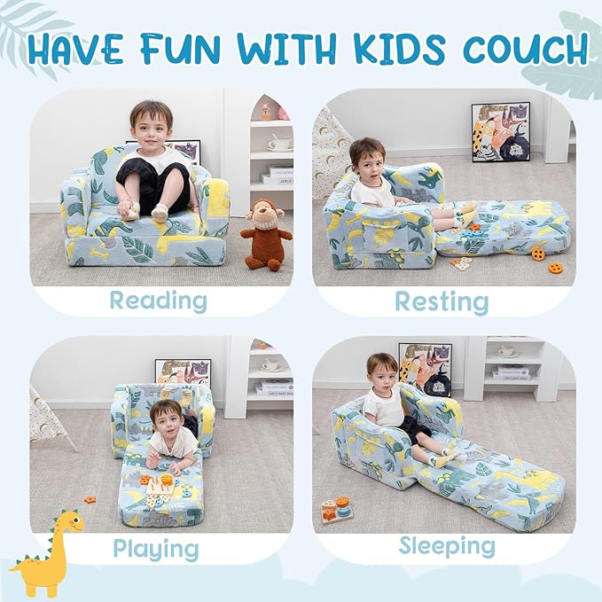 Comfy Toddler Chair and Couch for Kids with Blanket,2-in-1 Soft Plush Fold Out Toddler Couch for Girls and Boys,Convertible Sofa to Lounger for Playroom,Glowing Dinosaur-NeatNest