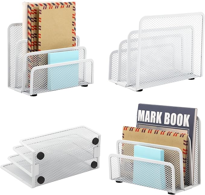 EASEPRES Desk Mail Organizer, Office Small Desktop Metal Mesh Envelope Letter Sorter Paper File Holder Organizer with 3 Vertical Upright Compartments, White 2 Pack