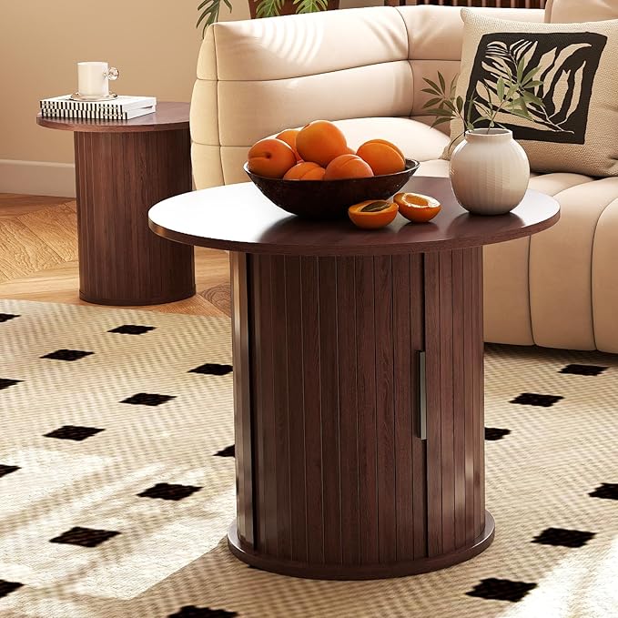 Nesting Coffee Table Set of 2 with Hidden Storage & Sliding Door, Circle Wood Coffee Table, Farmhouse Side & End Table Sets for Living Room, Small Spaces, Walnut