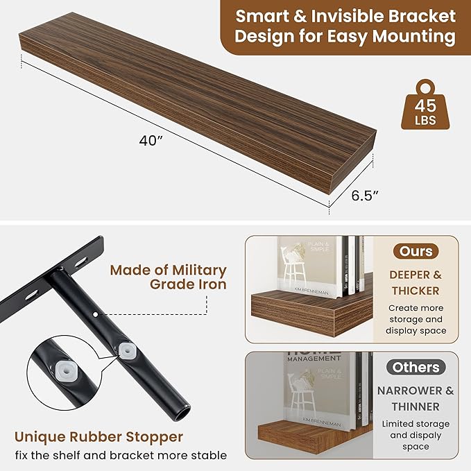 fuqing Floating Shelves for Wall, Bathroom Shelf Wall Mounted for Storage, Shelves with Invisible Bracket for Bedroom, Kitchen, Living Room, Farmhouse Small Book Shelf, 40 Inch Set of 2, Walnut-NeatNest