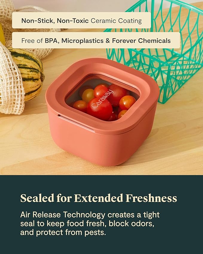 Caraway Mini Square Food Storage Container - 1.75 Cup Glass Storage Container for Food - Non-Toxic Ceramic-Coated Glass - Air Release Technology - Compact & Stackable Design - Perracotta-NeatNest